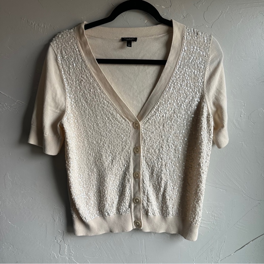 Talbots Sequin Cardigan Cream Coquette Balletcore Soft Girl Old Money Sz L - Picture 2 of 13